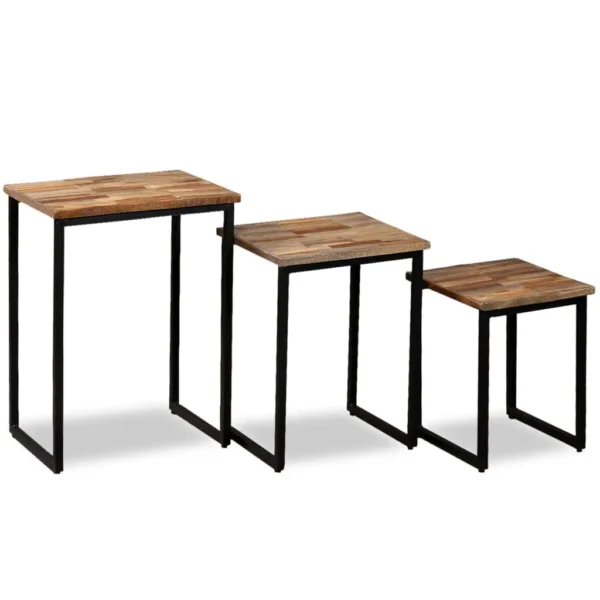 vidaXL Coffee Table Set of 3 Natural Wood, Black Reclaimed Teak, Steel - Image 3