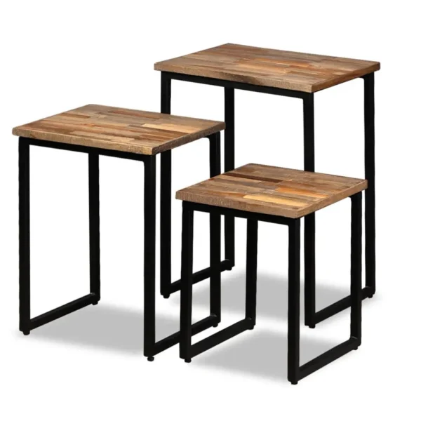 vidaXL Coffee Table Set of 3 Natural Wood, Black Reclaimed Teak, Steel - Image 12