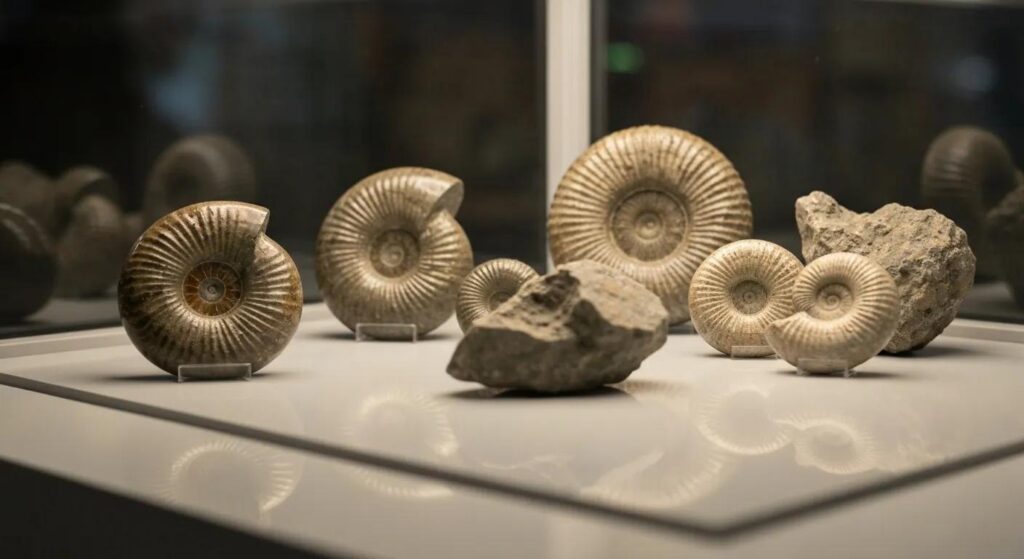A variety of polished and raw ammonite fossils displayed to highlight their unique features