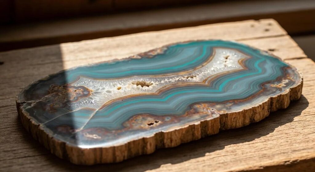 Polished agate petrified wood slab with colorful bands on a rustic wooden surface