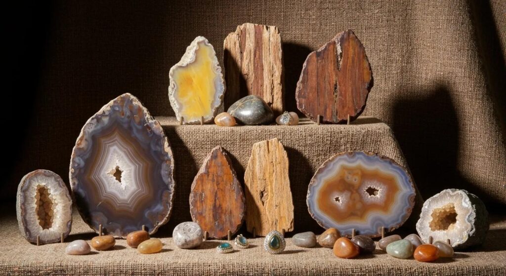 Variety of agate petrified wood forms including polished slabs, tumbled stones, and intricate jewelry on textured fabric, showcasing diverse beauty
