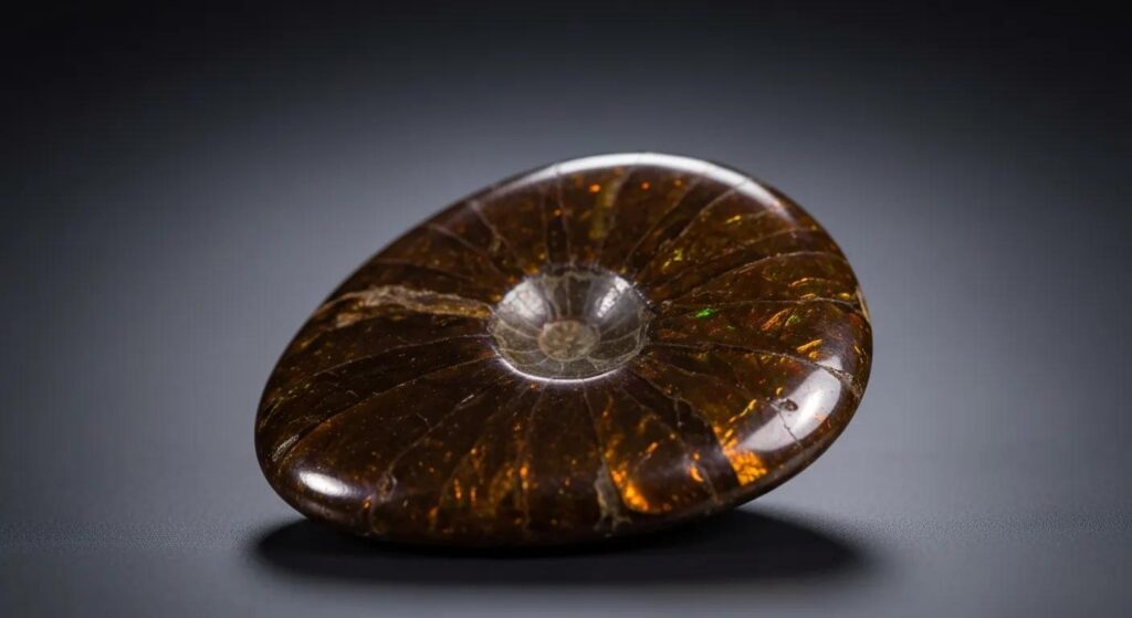 Close-up of an ammolite gemstone displaying vibrant colors and unique iridescent properties