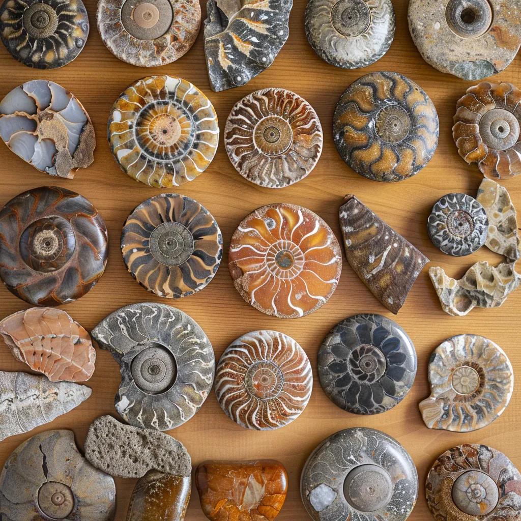 A variety of polished and raw ammonite fossils showcasing their unique features