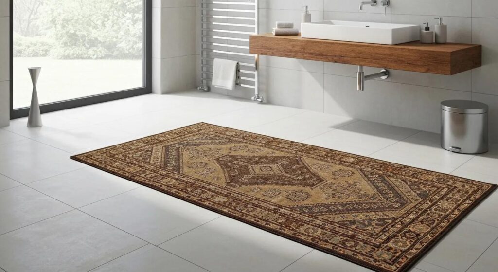 Handwoven cotton bath rug in a stylish bathroom, emphasizing luxury and comfort